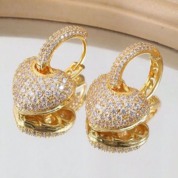 Jewelry - Yellow Gold elegant Women's Cubic Zirconia Heart Drop Earrings